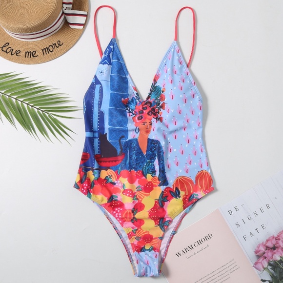 Ella Etc Other - Art Lady Mujer Print Fruit Painting Swimsuit One Piece Bathing Suit